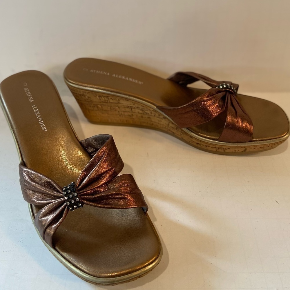 Athena Alexander~Bronze Leather Straps~Cork Wedge Slide~Rhinestone Touch~Size 10